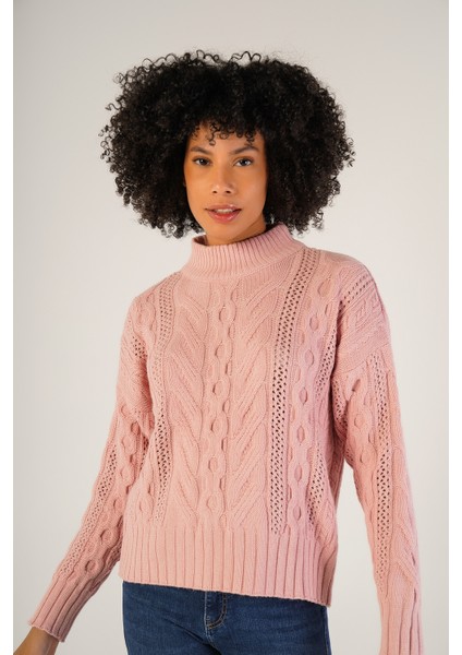 Kadın Pembe Saç Örgülü Yarım Balıkçı Yaka Yün KazakTRIST-6143