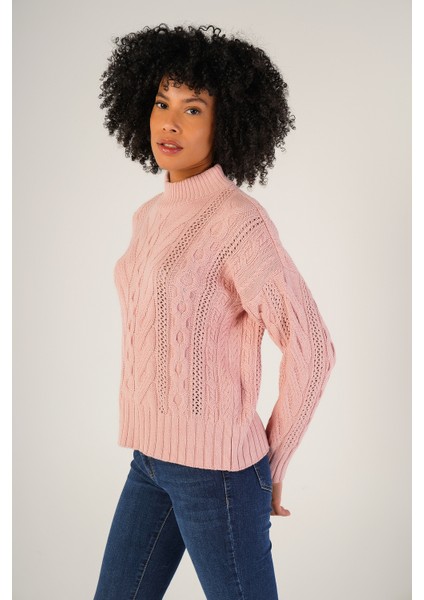 Kadın Pembe Saç Örgülü Yarım Balıkçı Yaka Yün KazakTRIST-6143 fiyatları
