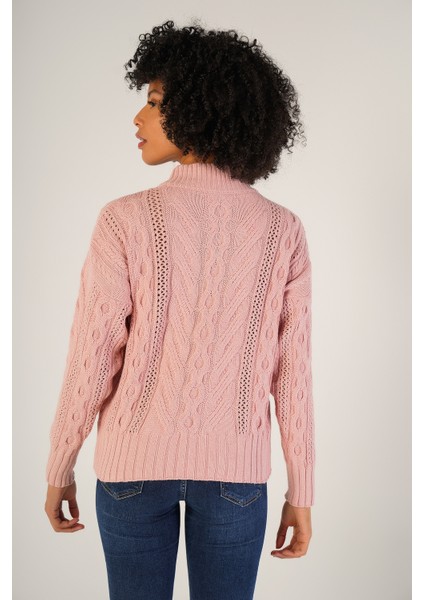 Kadın Pembe Saç Örgülü Yarım Balıkçı Yaka Yün KazakTRIST-6143 modelleri