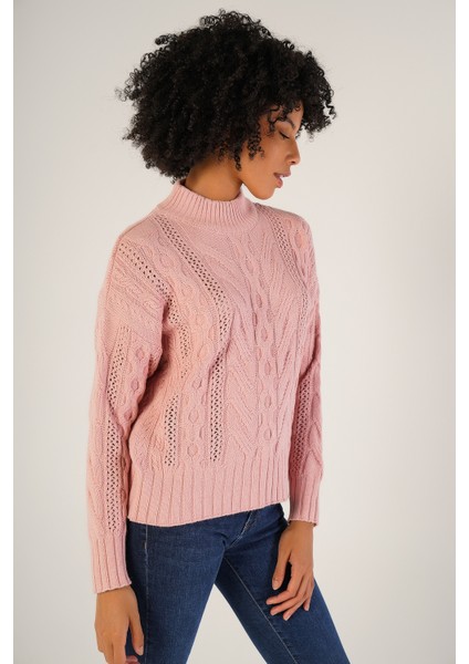 Kadın Pembe Saç Örgülü Yarım Balıkçı Yaka Yün KazakTRIST-6143 fırsatları