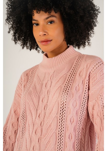 Kadın Pembe Saç Örgülü Yarım Balıkçı Yaka Yün KazakTRIST-6143 indirimleri