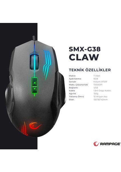 SMX-G38 Claw USB 8 Makro Tuşlu 7200DPI Rgb Ledli Oyuncu Mouse