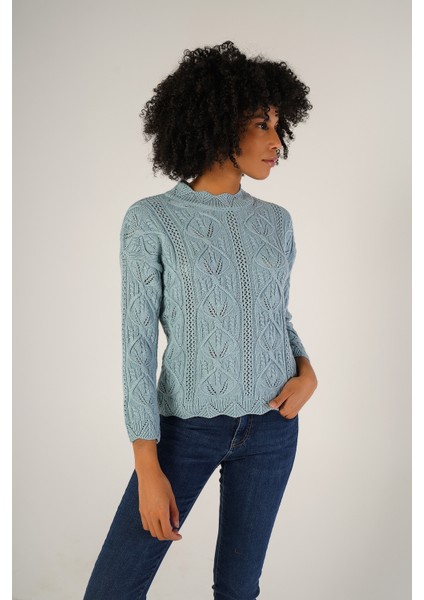 Kadın Mavi Saç Örgülü Bisiklet Yaka Yün Kazak TRIST-6144 fırsatları