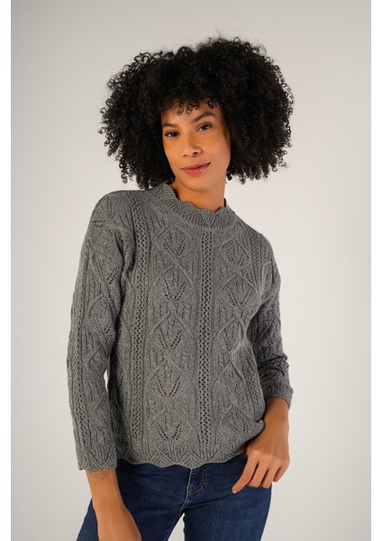 Kadın Gri Saç Örgülü Bisiklet Yaka Yün Kazak TRIST-6144