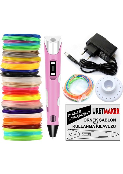 Pembe Renk 3D Pen Kalem Yazıcı ve 10 Metre Pla Filament (10 Renk x 1 Metre)
