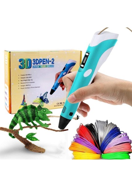 Mavi Renk 3D Pen Kalem Yazıcı ve 70 Metre Pla Filament (10 Renk x 7 Metre)