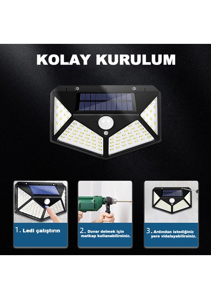 Geniş Açılı Solar LED 100 LED 3 Modlu Harekete Duyarlı Güneş Enerjili Solar LED Suya Dayanıklı Solar Bahçe LED Aydınlatma LED Işık Hareket Sensörlü LED Işık Yüksek Işık Aydınlatma 4 Adet