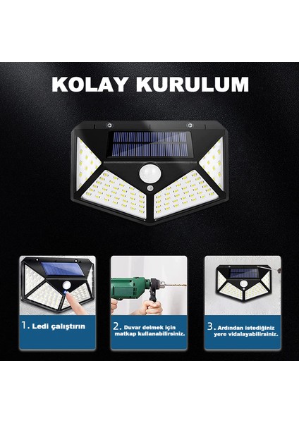 Geniş Açılı Solar LED 100 LED 3 Modlu Harekete Duyarlı Güneş Enerjili Solar LED Suya Dayanıklı Solar Bahçe LED Aydınlatma LED Işık Hareket Sensörlü LED Işık Yüksek Işık Aydınlatma 1 Ade Teklit