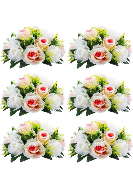 6 Adet Yapay Çiçek, 15 Plastik Gül Başı Pembe & Beyaz Şampanya (Yurt Dışından)