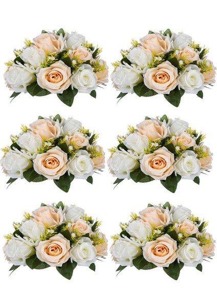 6 Adet Yapay Çiçek, 15 Tabanlı Plastik Gül Başlığı Şampanya&beyaz (Yurt Dışından)