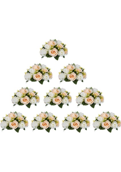 10 Adet Yapay Çiçek, 15 Tabanlı Plastik Gül Başlığı Şampanya ve Beyaz (Yurt Dışından)