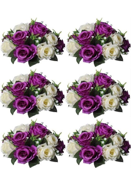 6 Adet Yapay Çiçek, 15 Tabanlı Plastik Gül Başlığı Mor&beyaz (Yurt Dışından)