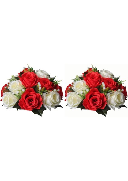 2 Adet Yapay Çiçek, Tabanlı 15 Plastik Gül Başlığı Kırmızı & Beyaz (Yurt Dışından)
