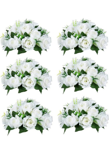 6 Adet Yapay Çiçek, 15 Tabanlı Plastik Gül Başlığı Beyaz (Yurt Dışından)