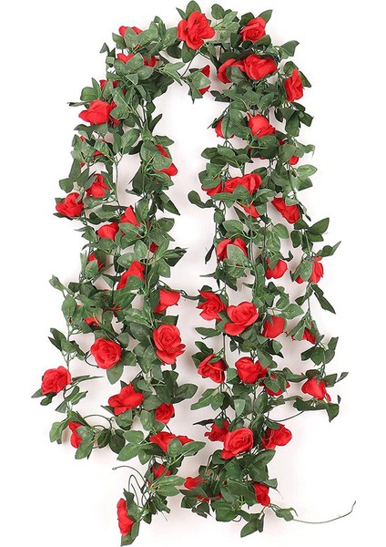 2 x 220 cm Yapay Gül Sarmaşığı Asma Çelenk 16 Gül, Kırmızı (Yurt Dışından)