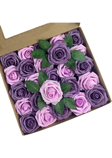 25 Adet Yapay Gül Saplı Köpük Gül Mor Pembe + Mor Fasulye Ezmesi (Yurt Dışından)