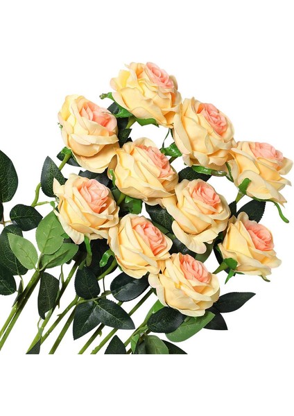 10 Adet Yapay Gül Buketi Şampanya Rengi Açan Güller (Yurt Dışından)