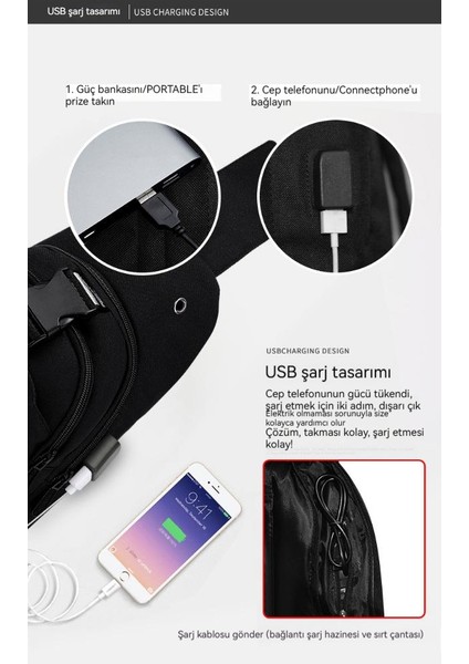 Erkek Göğüs Çantası Günlük Messenger Çanta Çok Fonksiyonlu Omuz Çantası USB Şarj Aleti (Yurt Dışından)