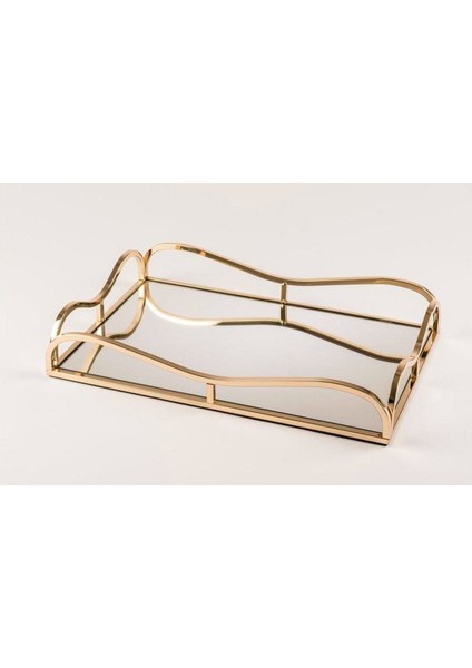 Gold Aynalı Dikdörtgen Tepsi 38X26 cm Mutfak Çay Kahve Için Sofra Tipi