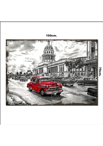 Ahşap Tablo Havana Kırmızı Otomobil Desenli 70*100CM