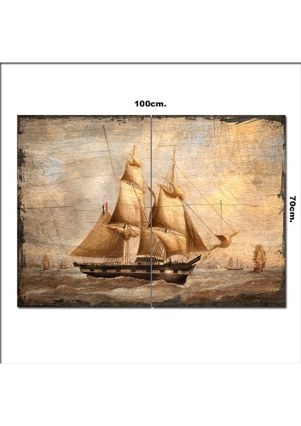 Ahşap Tablo Limanda Yelkenli Gemiler Şekilli 70*100CM