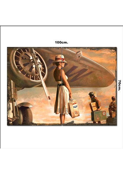 Ahşap Tablo Fransız Kadın ve Uçak 70*100CM