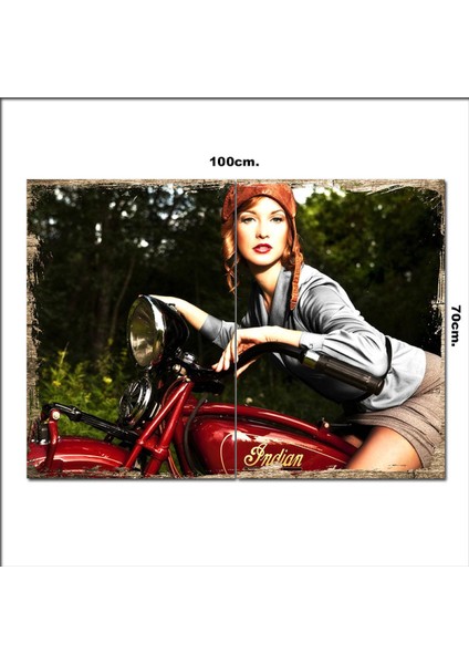 Ahşap Tablo Indian Motorsiklet ve Kız 70*100CM