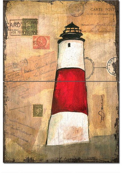 Ahşap Tablo Deniz Fenerli Mektup Desenli Ahşap Tablo