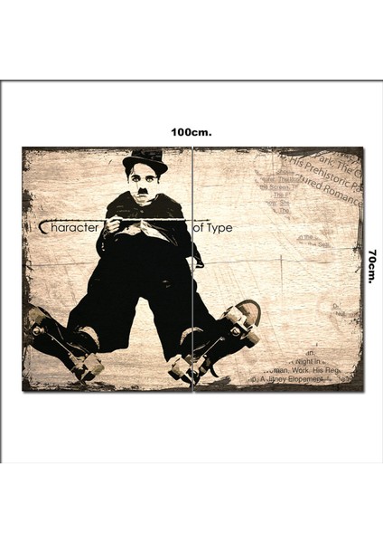 Ahşap Tablo Kaykay ve Charlie Chaplin Desenli 70*100CM