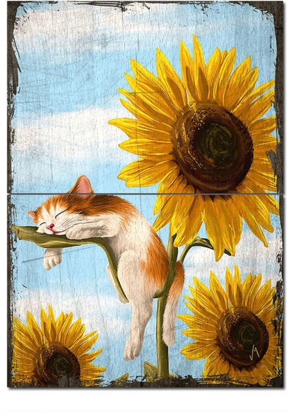 Ahşap Tablo Günebakan ve Uyuyan Kedi Tasarım Mdf Tablo