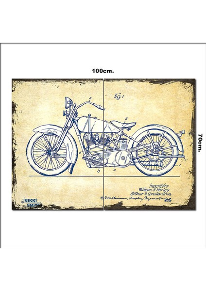 Ahşap Tablo Harley Davidson Çizim Görseli 70*100CM