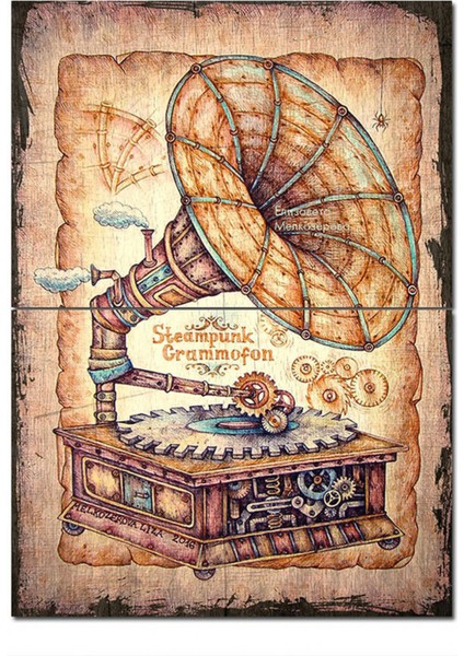Ahşap Tablo Eski Steampunk Gramofonu Görseli Art Mdf Tablo