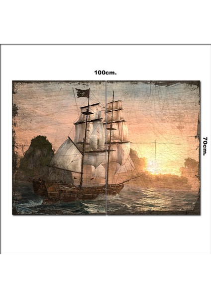 Ahşap Tablo Dalgalar Yelkenli Gemi Desenli 70*100CM