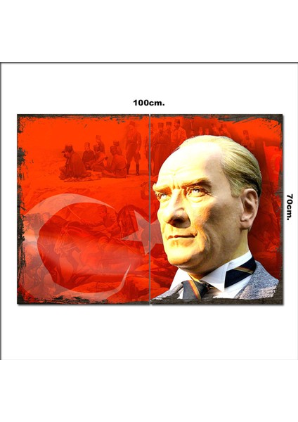 Ahşap Tablo Atatürk ve Cephede Savaş Baskılı 70*100CM