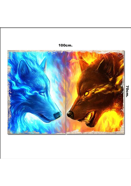 Ahşap Tablo Buz ve Alevli Kurtlar 70*100CM