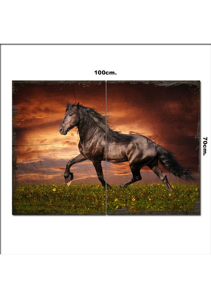Ahşap Tablo Gün Batımında Koşan At Tarz 70*100CM