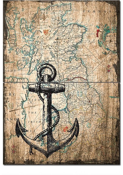 Ahşap Tablo Harita Zeminde Çapa Desenli Mdf Tablo