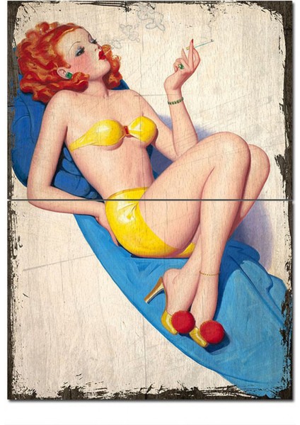 Ahşap Tablo Retro Pin Up Kızı Art Mdf Tablo