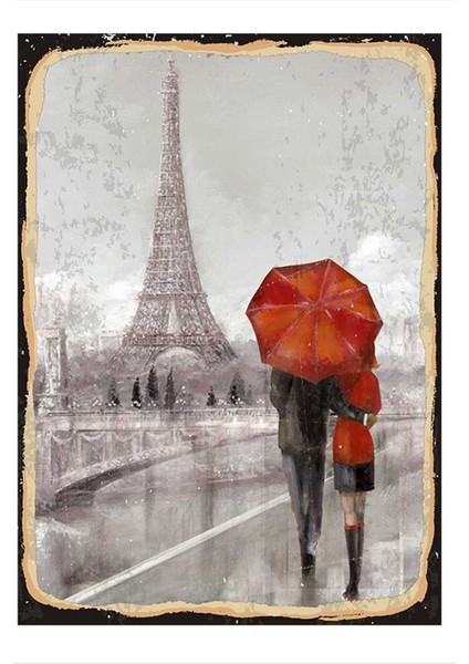 Paris ve Kırmızı Şemsiyeli Çift Dekoratif Ahşap Tablo