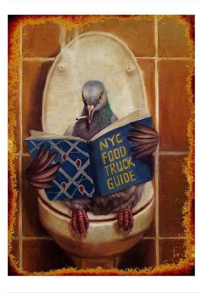 Tuvalette Gazete Okuyan Güvercin Model Ahşap Tablo