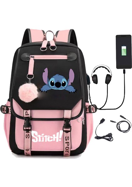 Yeni Lilo Stitch Stitch Stitch USB Şarj Edilebilir Okul Çantası Erkek ve Kadın Öğrenci Sırt Çantası Sırt Çantası (Yurt Dışından)