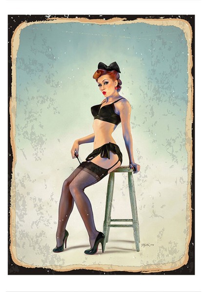 Jartiyerli Pin Up Kızı Tasarım Ahşap Tablo