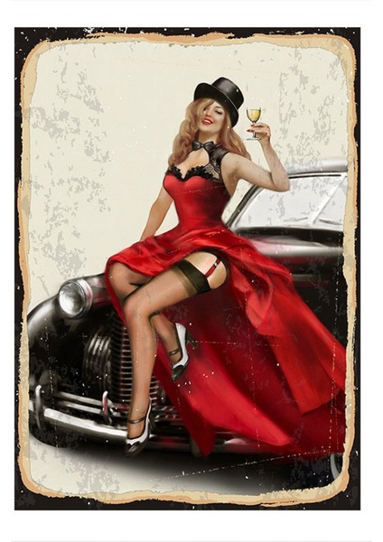 Klasik Araba ve Pin Up Kızı Hediyelik Ahşap Tablo