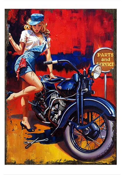 Ahşap Tablo Retro Motorsikletçi Kız