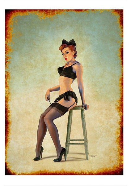 Jartiyerli Pin Up Kızı Tasarım Mdf Tablo