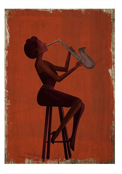 Saksafon Çalan Bayan Tasarım Ahşap Tablo