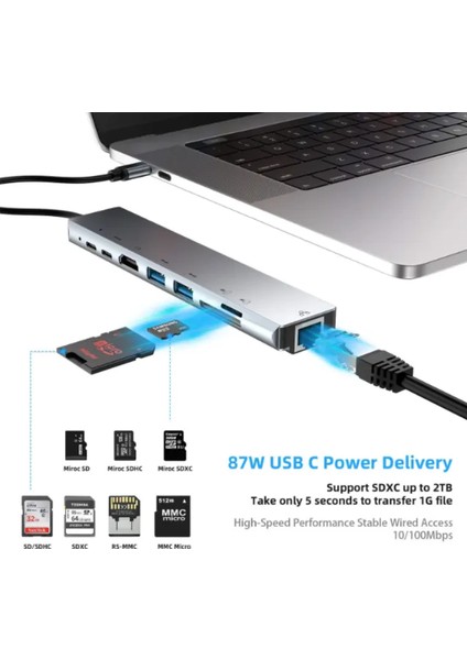 4K Çok Fonksiyonlu Adaptör 8V1 USB RJ45 Hd Ethernet Adaptörü USB 3.0 Kart Okuyucu Pd/sd/tf