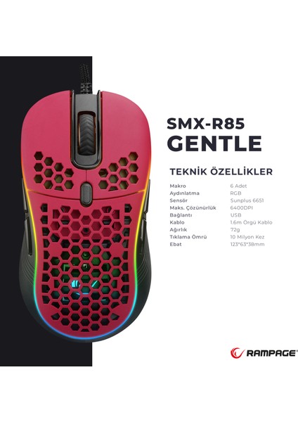 SMX-R85 Gentle RGB Makrolu Oyuncu Mouse Kırmızı