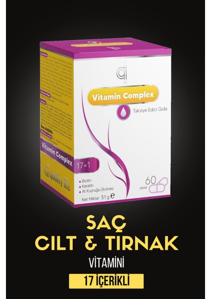 QL Saç Vitamini - Vitamin Complex - Biotin Keratin At Kuyruğu Selenyum Çinko Folik Asit Hair Vitamin 60 Tablet