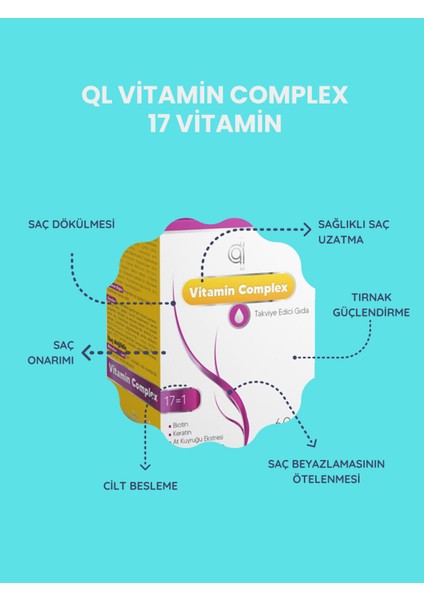 QL Saç Vitamini - Vitamin Complex - Biotin Keratin At Kuyruğu Selenyum Çinko Folik Asit Hair Vitamin 60 Tablet